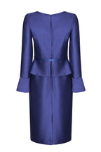 Peplum Dress with Fluted Cuffs in Purple and Royal Plain Brocade - Catherine