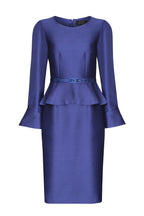 Peplum Dress with Fluted Cuffs in Purple and Royal Plain Brocade - Catherine