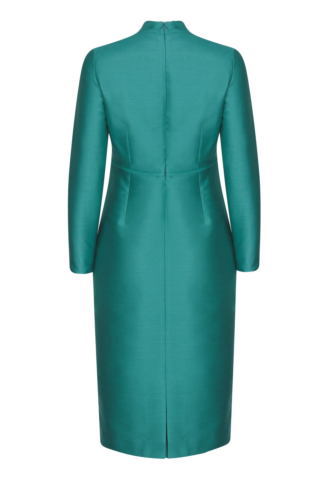 Long-Sleeved Dress in Emerald Green Sateen - Emma | Lalage Beaumont Long-Sleeved Dress in Emerald Green Sateen - Emma | Lalage Beaumont