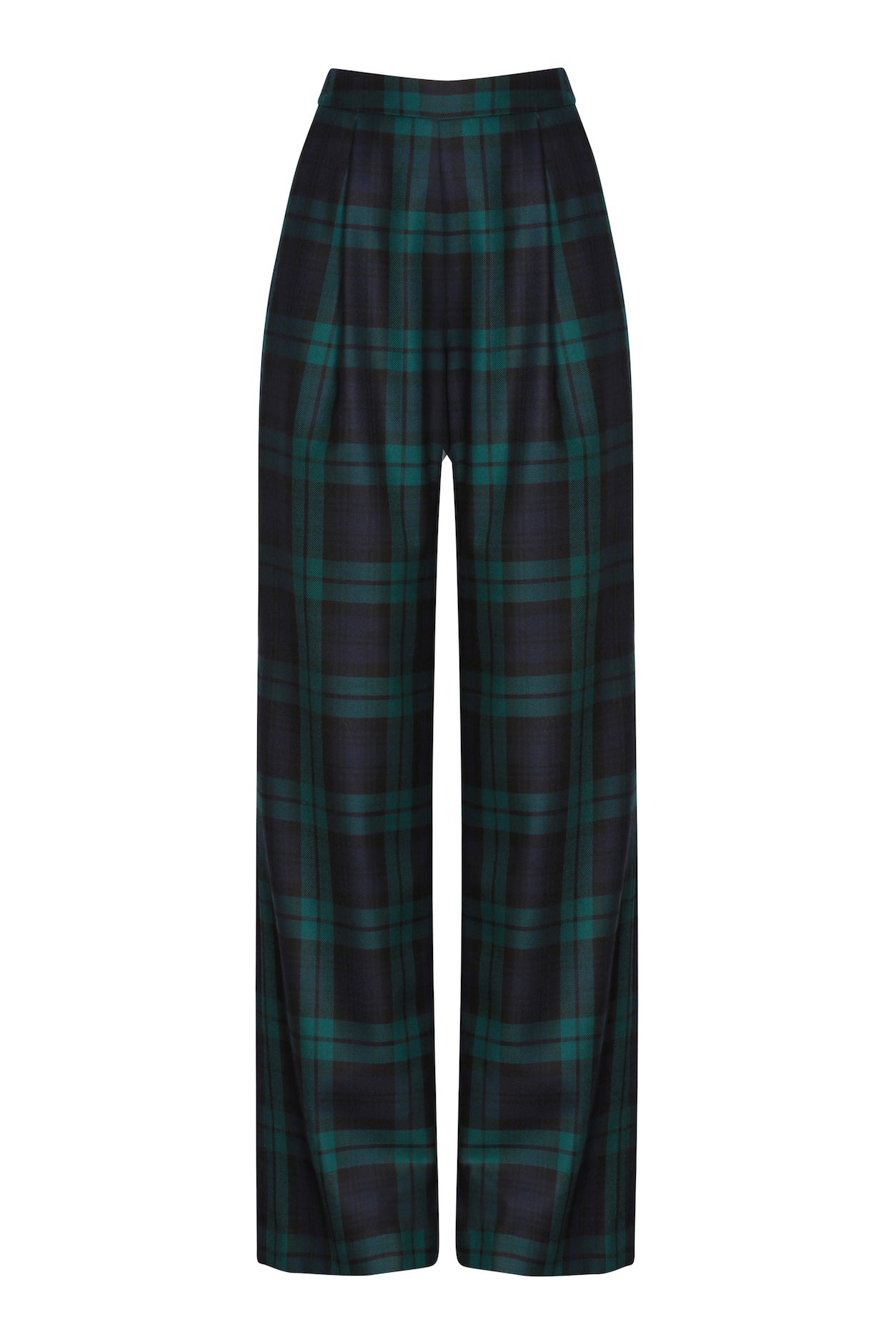 Wide Leg Trousers in Black Watch Worsted Tartan Portia Lalage