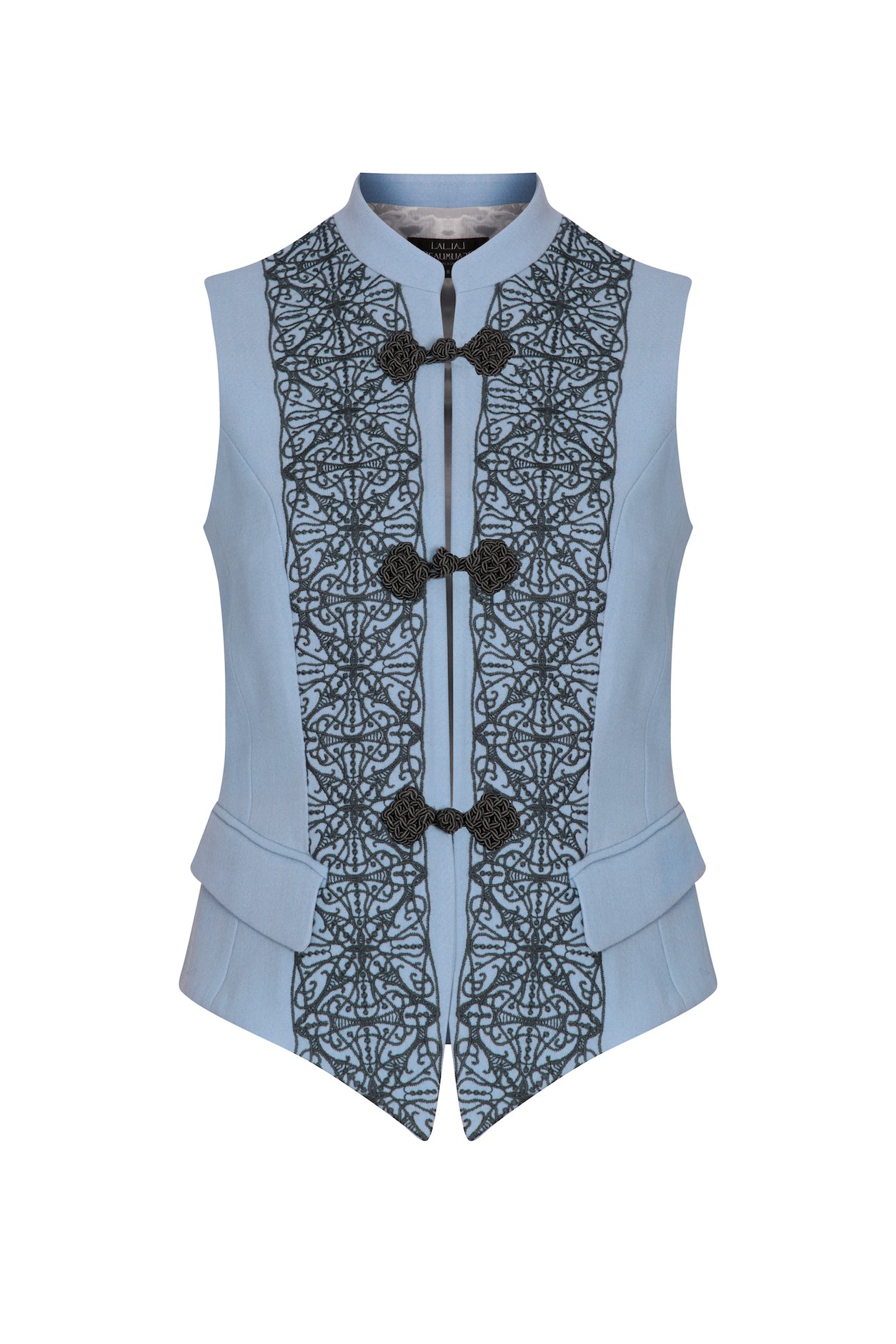 Waistcoat in Embroidered Sky Faille with Grey Frogging Fastening - Wendy