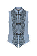 Waistcoat in Embroidered Sky Faille with Grey Frogging Fastening - Wendy