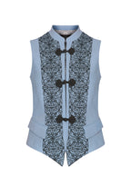 Waistcoat in Embroidered Sky Faille with Grey Frogging Fastening - Wendy