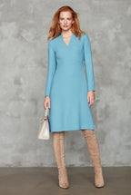Long-Sleeve Dress with A-line Skirt in Petrol Faille - Emilia