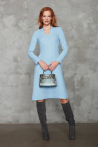 Long-Sleeve Dress with A-line Skirt in Sky Blue Faille - Emilia