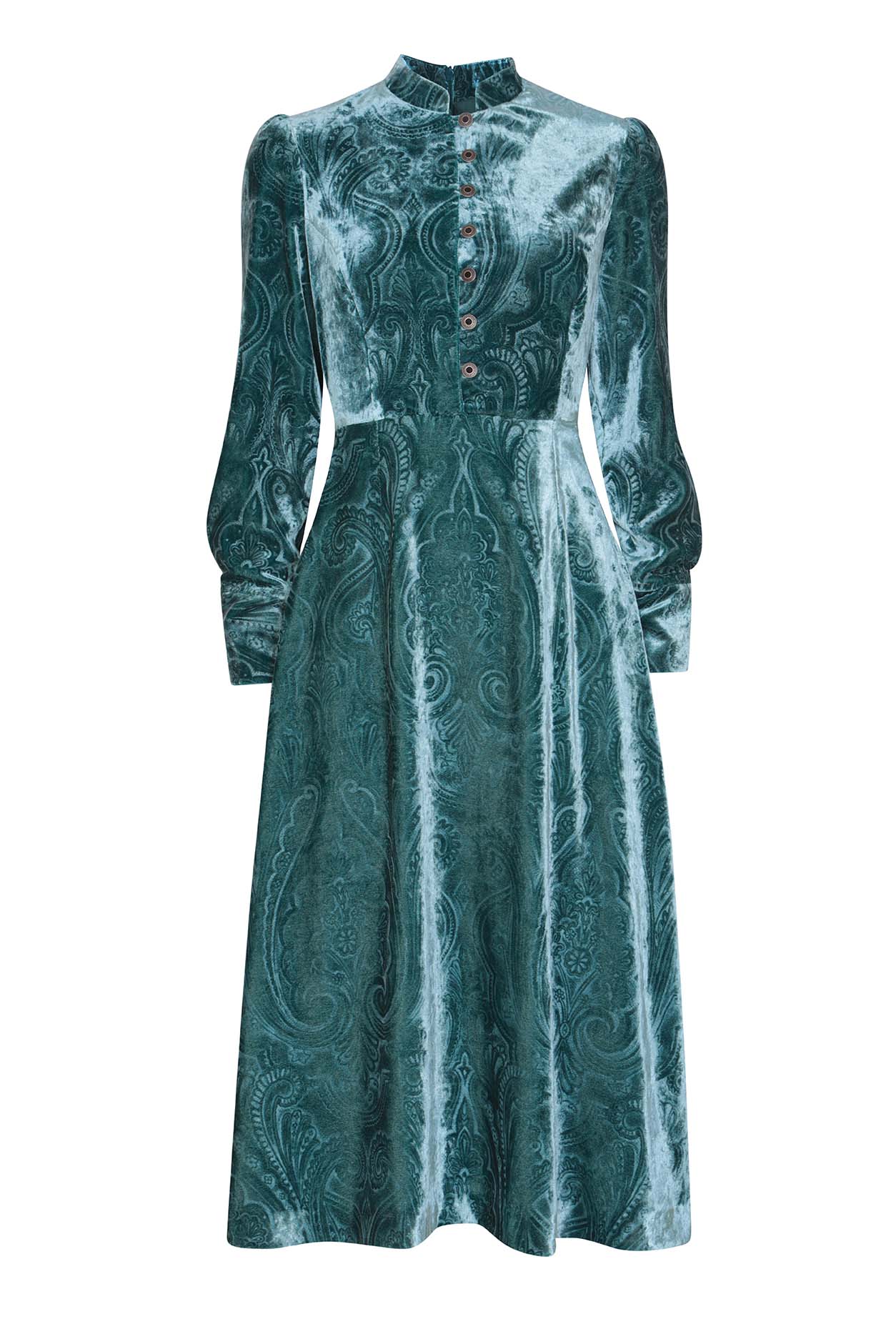 Long Sleeved Midi Dress in Teal Paisley Printed Velvet - Cleo Lalage Beaumont Long Sleeved Midi Dress in Teal Paisley Printed Velvet - Cleo Lalage Beaumont