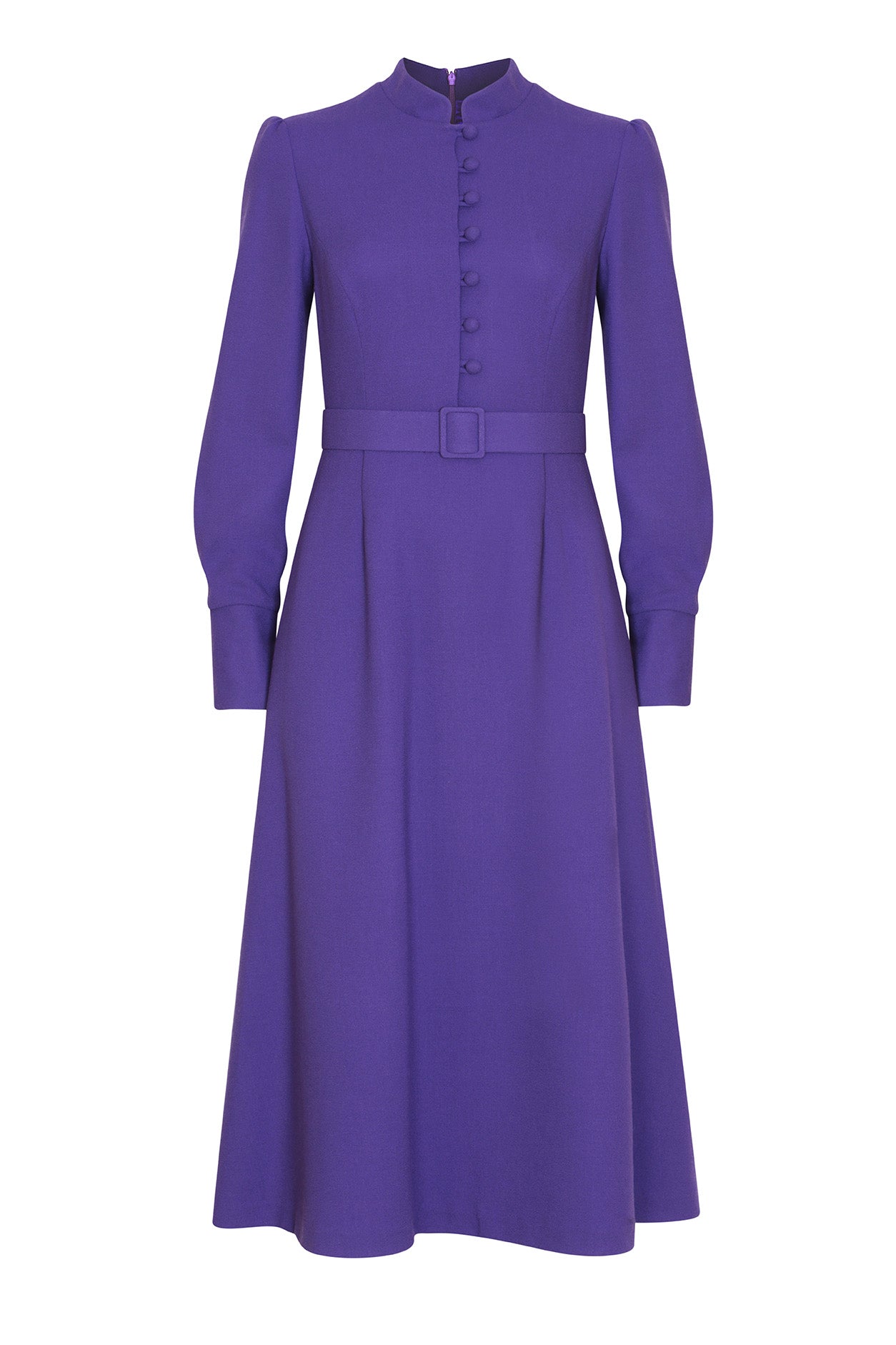 Long-Sleeved Dress with Button Up Bodice in Purple Wool Crepe - Cleo Lalage Beaumont Long-Sleeved Dress with Button Up Bodice in Purple Wool Crepe - Cleo Lalage Beaumont