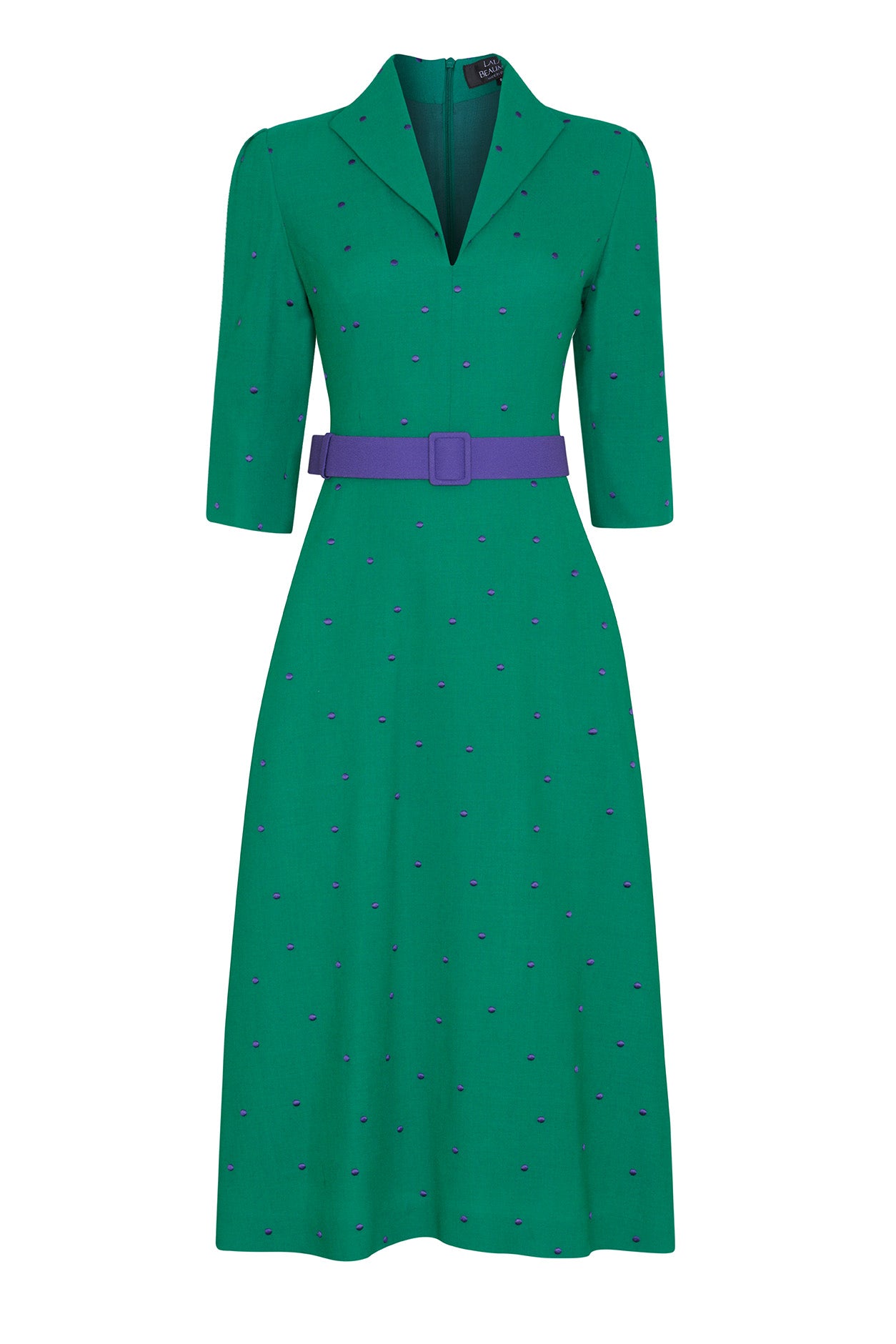 Calf Length A Line Dress in Green and Purple Spot Crepe Naomi