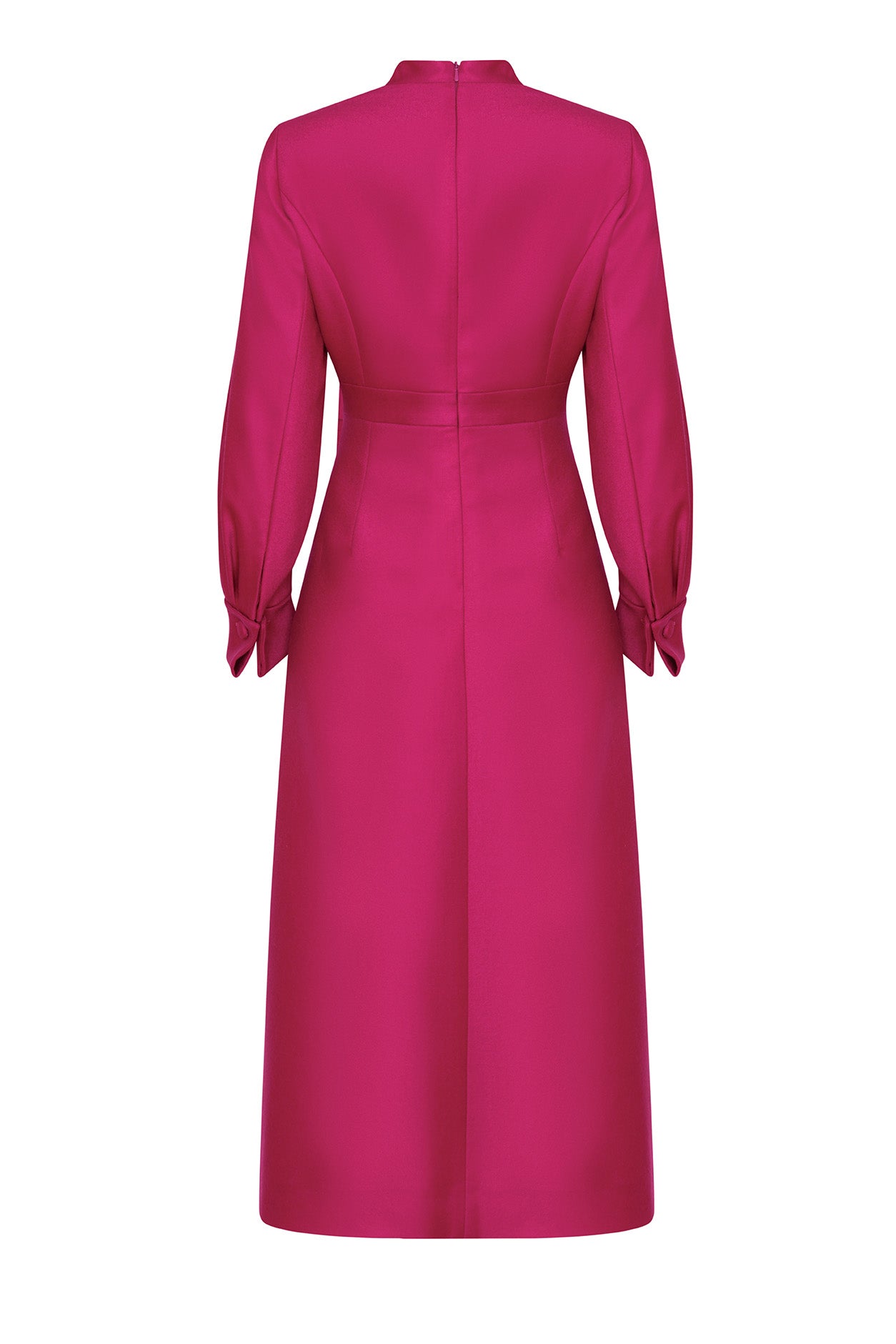 Double Breasted Long Sleeved Coat Dress with Buttons in Magenta Wool Lalage Beaumont