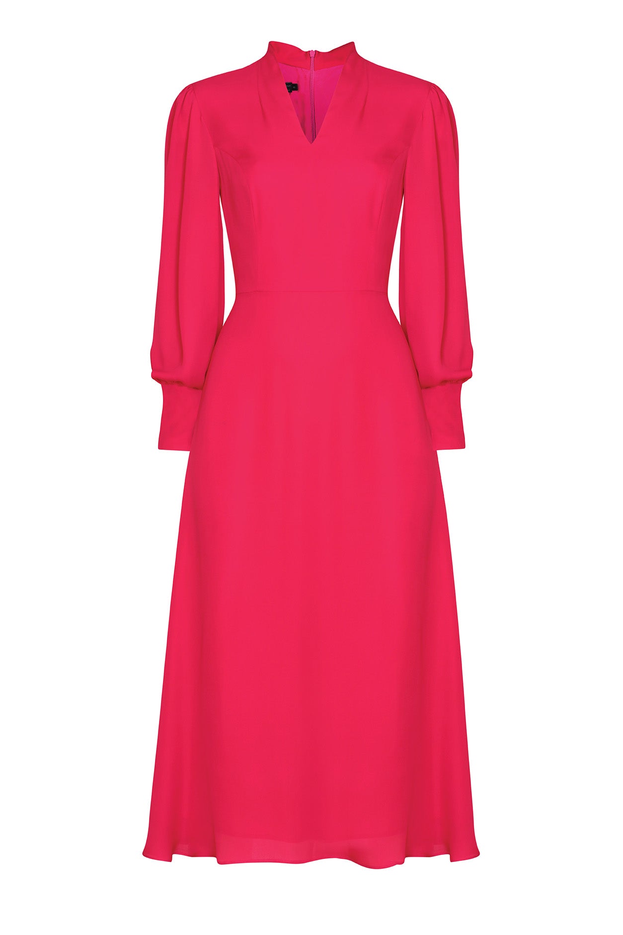 Long Sleeved Midi Dress with Flared Skirt in Plain Lipstick Pink Silk Lalage Beaumont