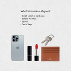 Lalage Beaumont - flat lay image of what fits inside a Lalage Beaumont mini handbag