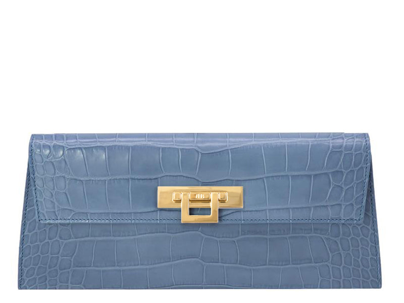 Fonteyn Clutch Orinoco &#39;Croc&#39; Print Calf Leather Handbag - Bluebell/Gold