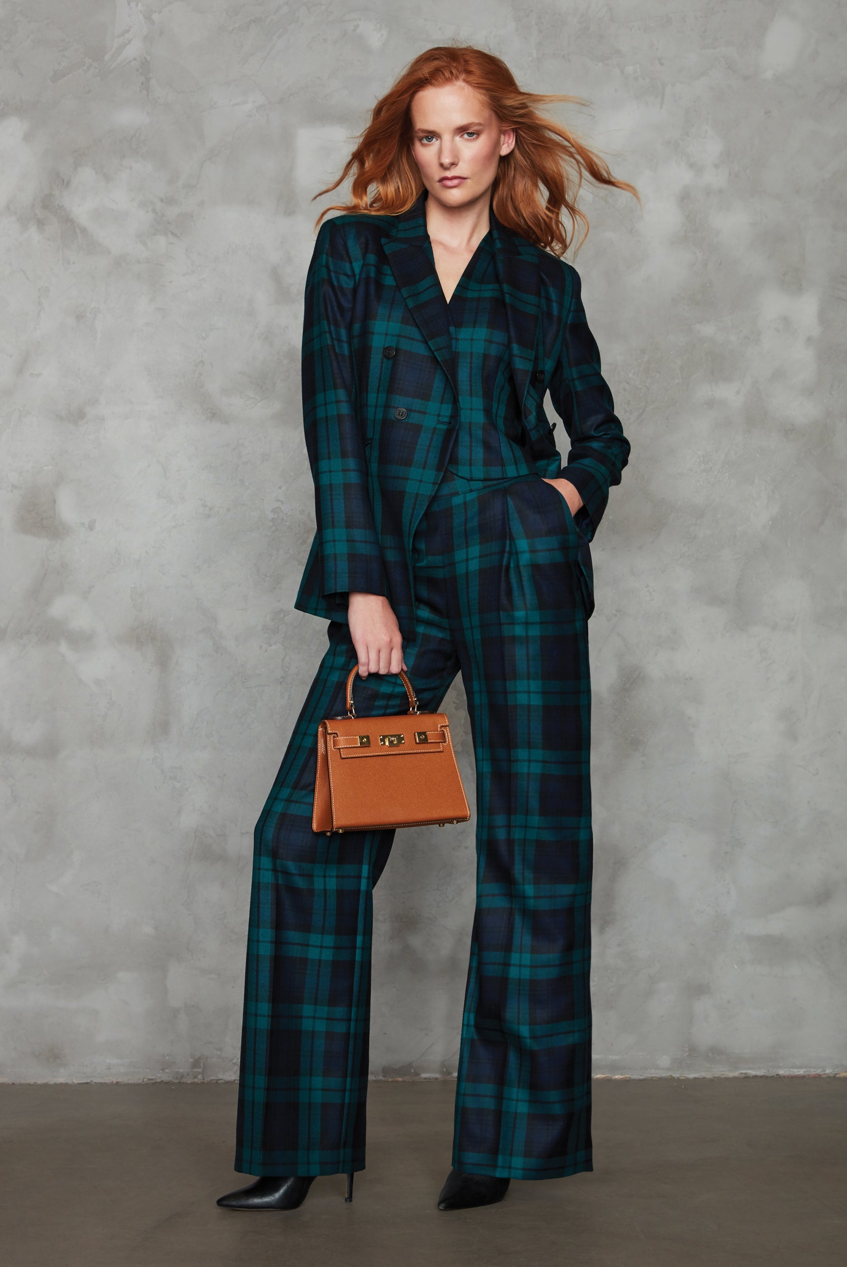 Wide Leg Trousers in Black Watch Worsted Tartan Portia Lalage