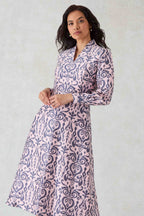 Sophie Dress in Pink/Grey Ikat Printed Silk Shantung