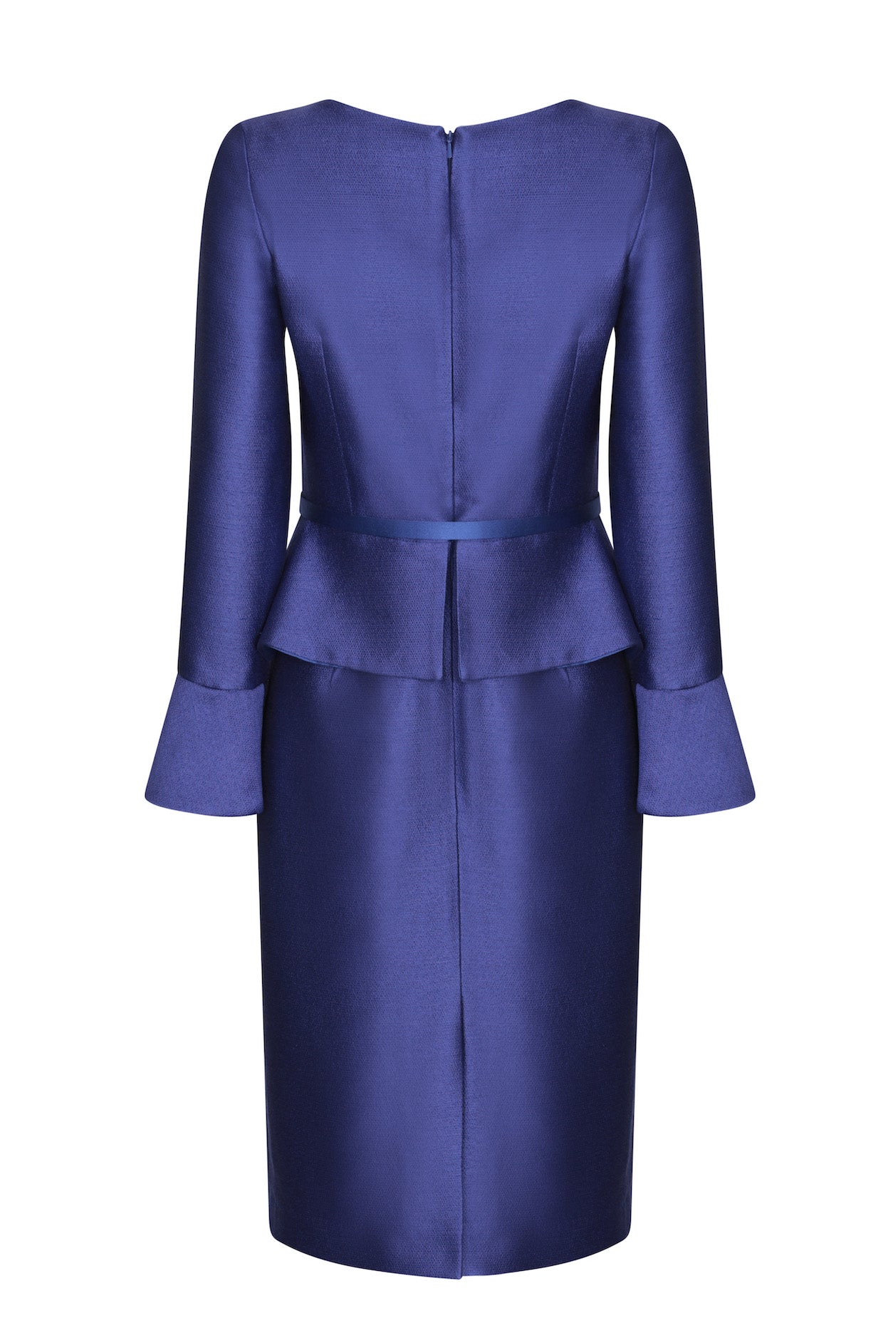 brocade peplum dress Peplum Dress with Fluted Cuffs in Purple and Royal Plain Brocade