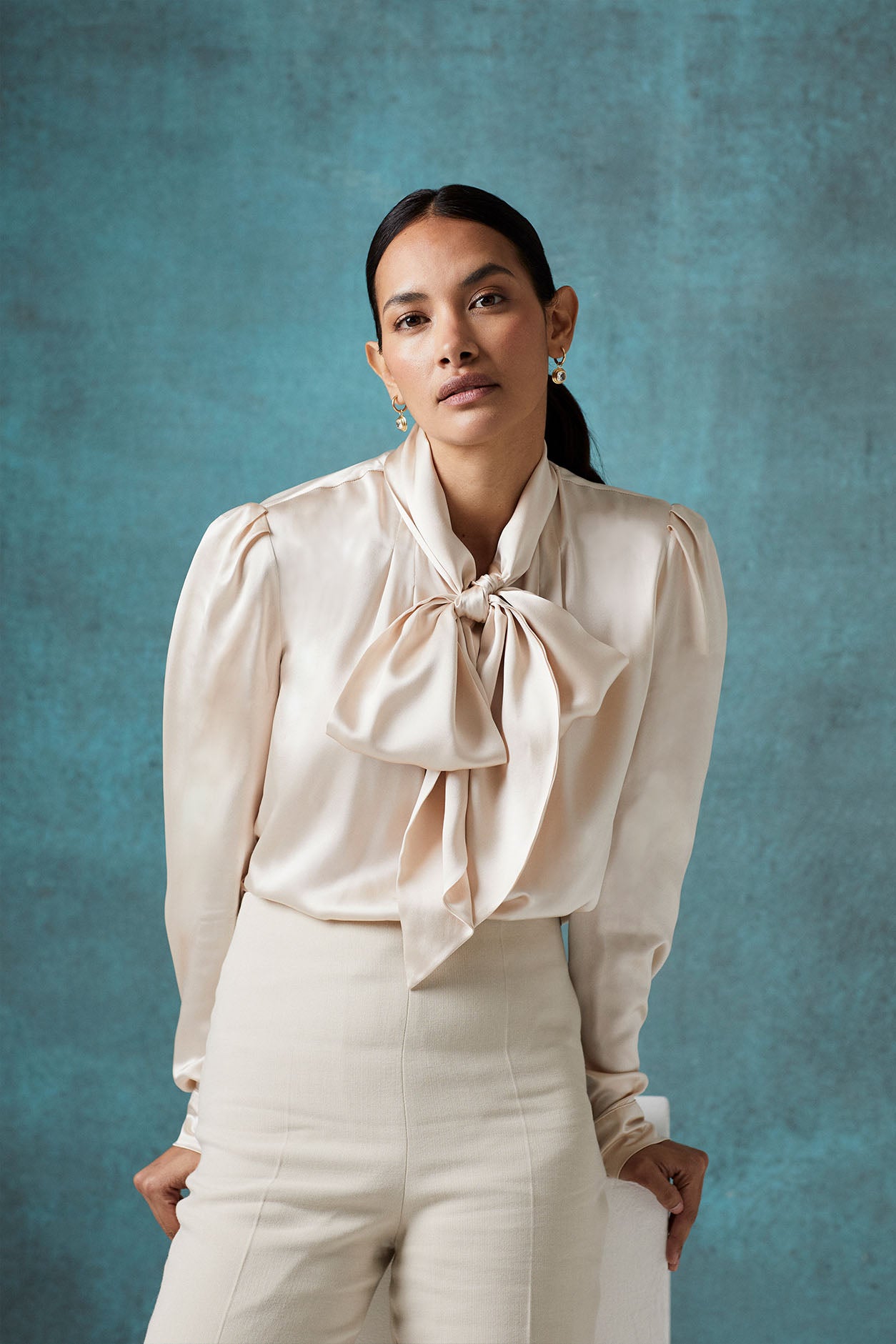 Tie-neck silk satin blouse in Nude - Denisa – Lalage Beaumont