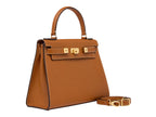 A large tan pebble print Italian calf leather handbag with top handle, detachable strap and gold plated hardware