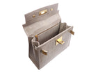 Open stone coloured handbag with gold hardware on a white background