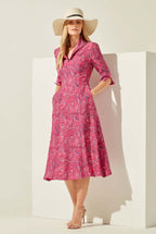 Fuchsia/Navy Paisley Printed Silk Cloqué Dress - Naomi