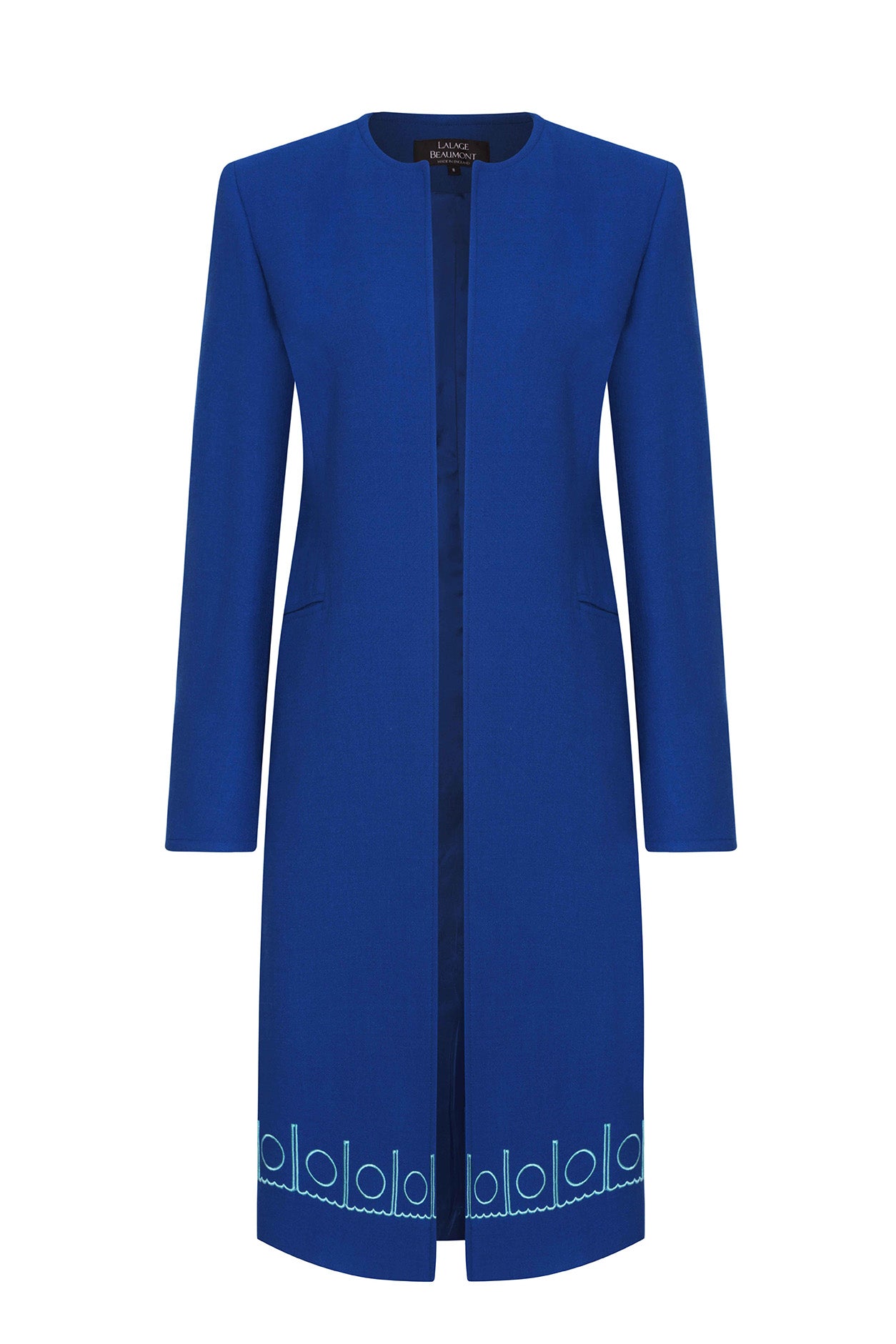 Royal Blue Faille Dress Coat with Turquoise Embroidered Border