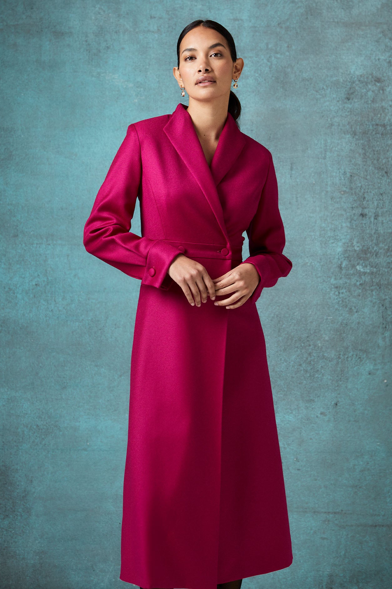 Double Breasted, Long Sleeved Coat Dress with Buttons in Magenta Wool –  Lalage Beaumont