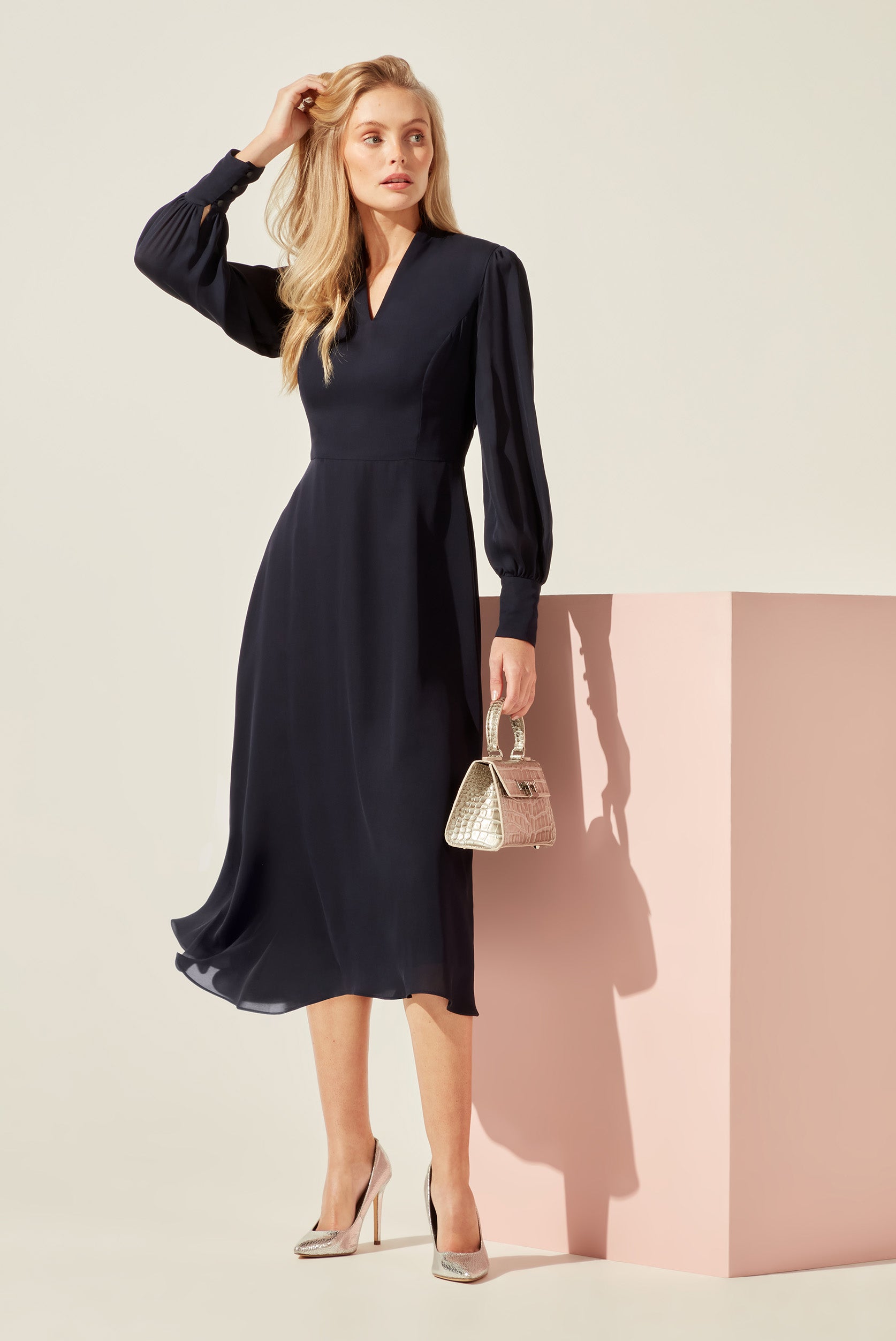Long-Sleeved Midi Dress with Flared Skirt in Plain Navy Silk - Sofia Lalage Beaumont Long-Sleeved Midi Dress with Flared Skirt in Plain Navy Silk - Sofia Lalage Beaumont