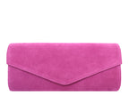 Lalage Beaumont suede clutch bag in fuchsia