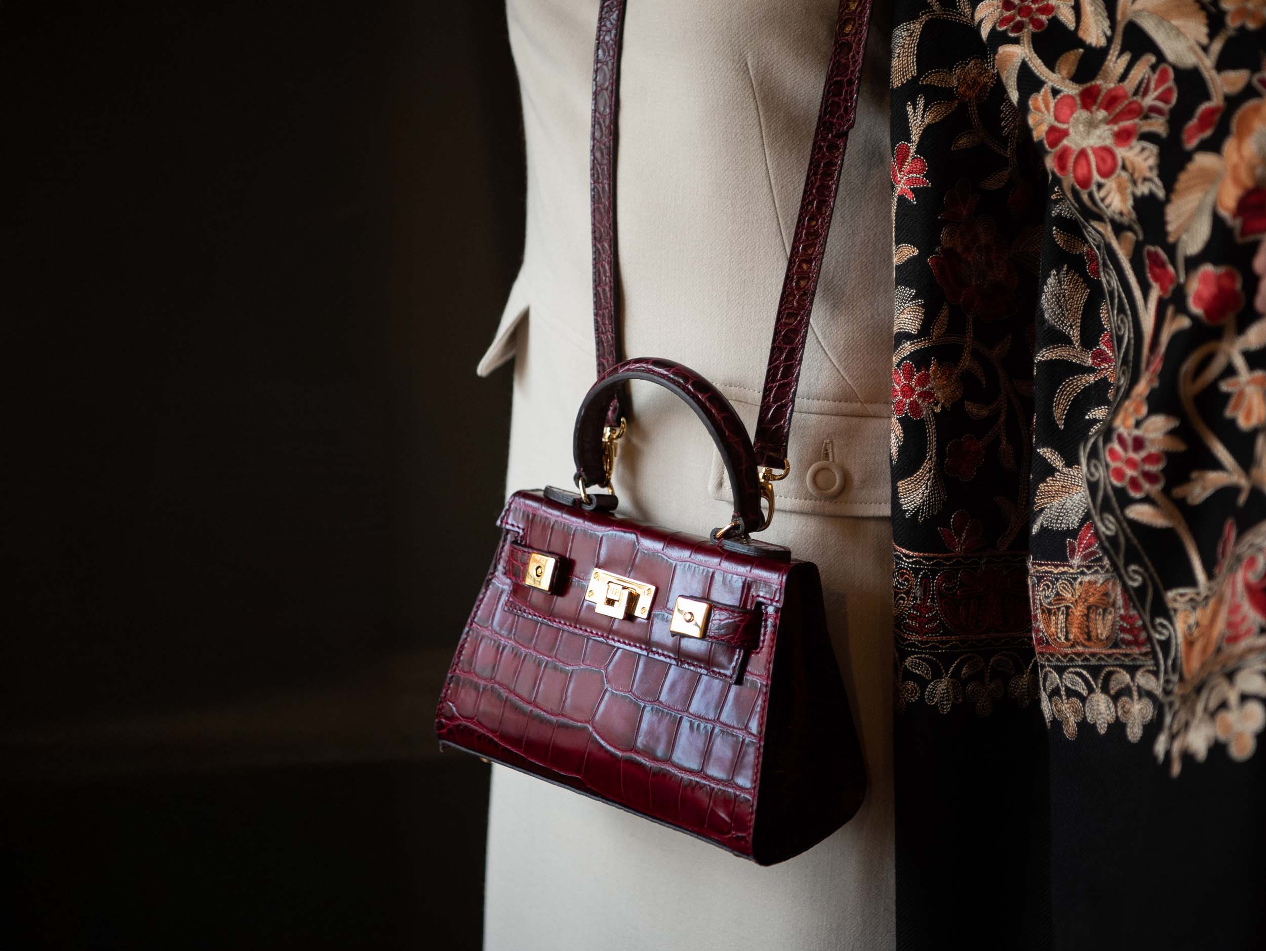 Maya Mignon 'Croc' Print Handbag Wine | Lalage Beaumont