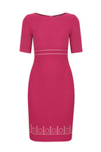 Berry Pink/Ivory Embroidered Wool Faille Dress with Short Sleeves and Waistband Detail - Anita