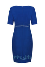 Short Sleeve Dress in Royal Blue with Turquoise Embroidered Border and Waistband Detail - Anita