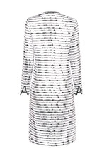 Tweed Dress Coat in White with Black Tufted Stripes and Braid Trim - Vanya