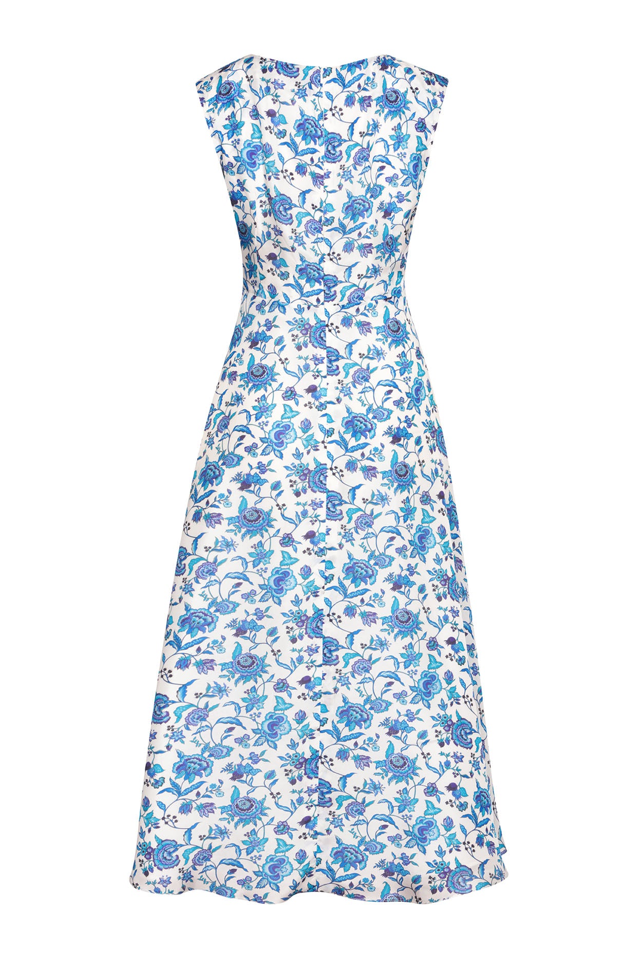 Sleeveless Midi Length Silk Dress in Ivory with Blue/Turquoise Florentine Floral Print - Lettie