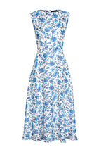 Sleeveless Midi Length Silk Dress in Ivory with Blue/Turquoise Florentine Floral Print - Lettie