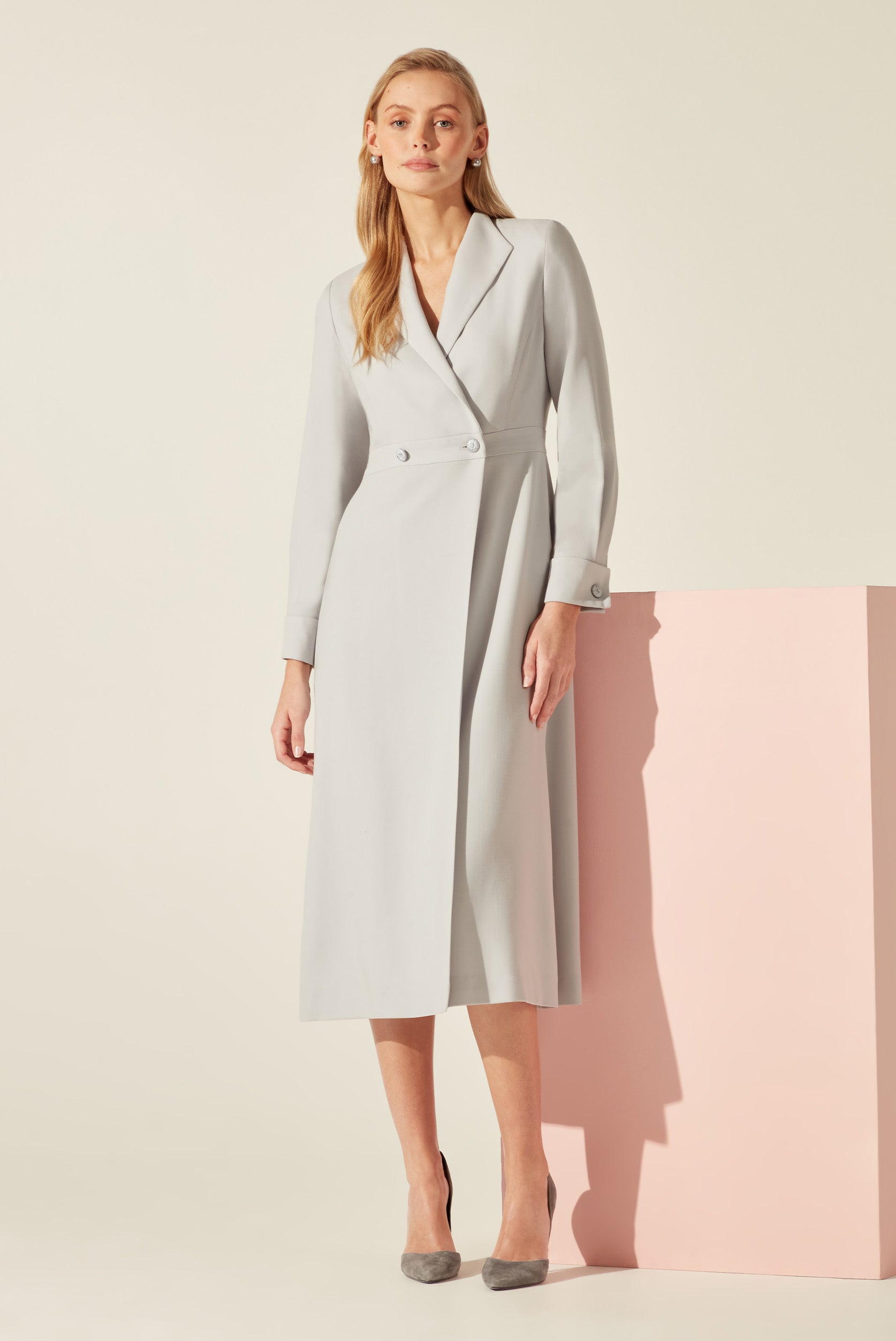 knee length dresses for ladies Double Breasted, Lond Sleeved Coat Dress with Braid Buttons in Dove Grey  Crepe Cady - Savannah