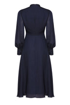 Long-Sleeved Midi Dress with Flared Skirt in Plain Navy Silk - Sofia
