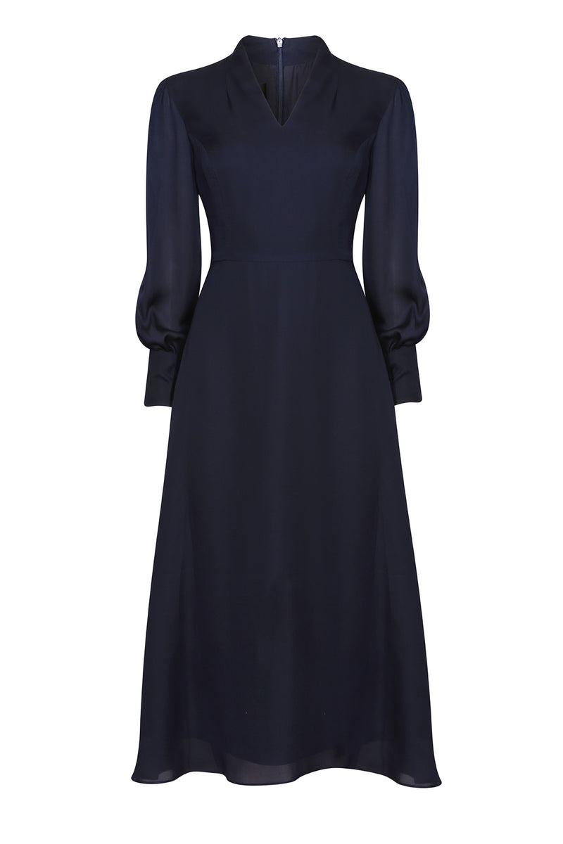 Long-Sleeved Midi Dress with Flared Skirt in Plain Navy Silk