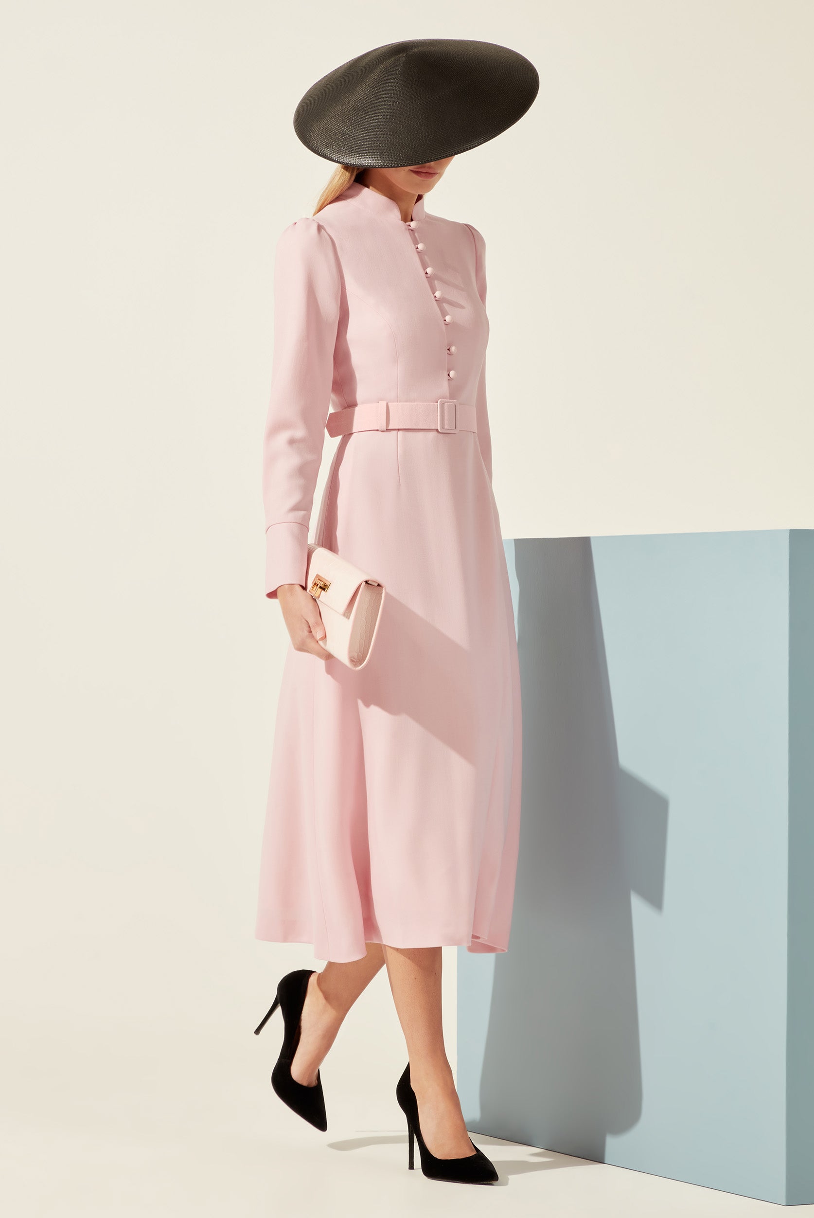 Long Sleeved Midi Dress in Pale Pink Wool Crepe Cady Cleo
