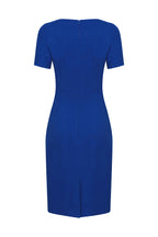 Boat Neck Shift Dress with Short Sleeves in Plain Royal Blue Wool Faille - Angie