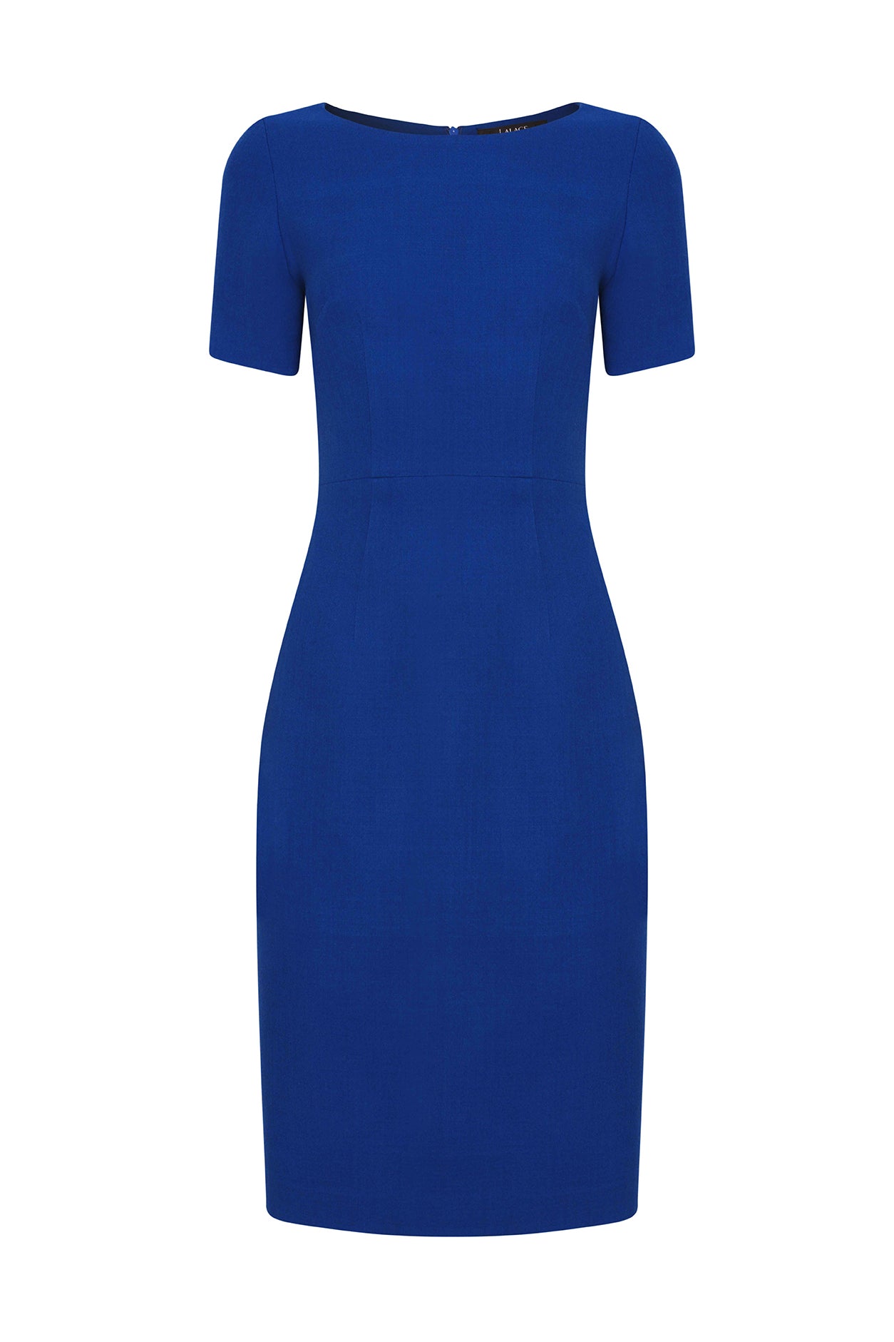 Boat Neck Shift Dress with Short Sleeves in Plain Royal Blue Wool Faille - Angie