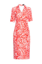 Scarlet/Ivory Silk Shantung Print Dress with Short Sleeves - Em