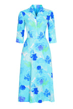 Midi Length A-Line, 3/4 Sleeve Dress in Turquoise/Blue Cloqué Silk Print - Naomi