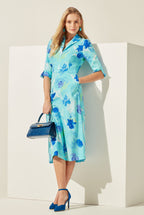 Midi Length A-Line, 3/4 Sleeve Dress in Turquoise/Blue Cloqué Silk Print - Naomi