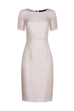 Ivory and Taupe Printed Silk/Wool Shift Dress with Boat Neck and Short Sleeves - Angie