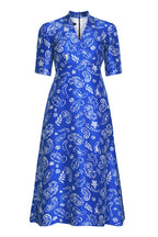 Silk Dress with A-line Skirt in Royal Blue/Ivory Paisley Print - Emi