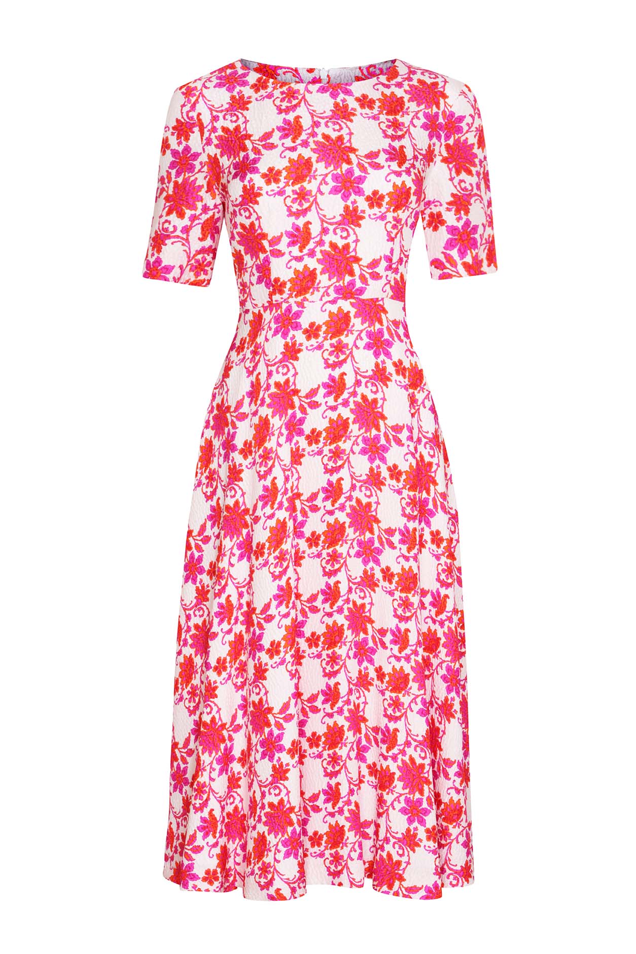 Longer Length, Fluid Silk Cloqué Dress in Pink/Orange Flower Print