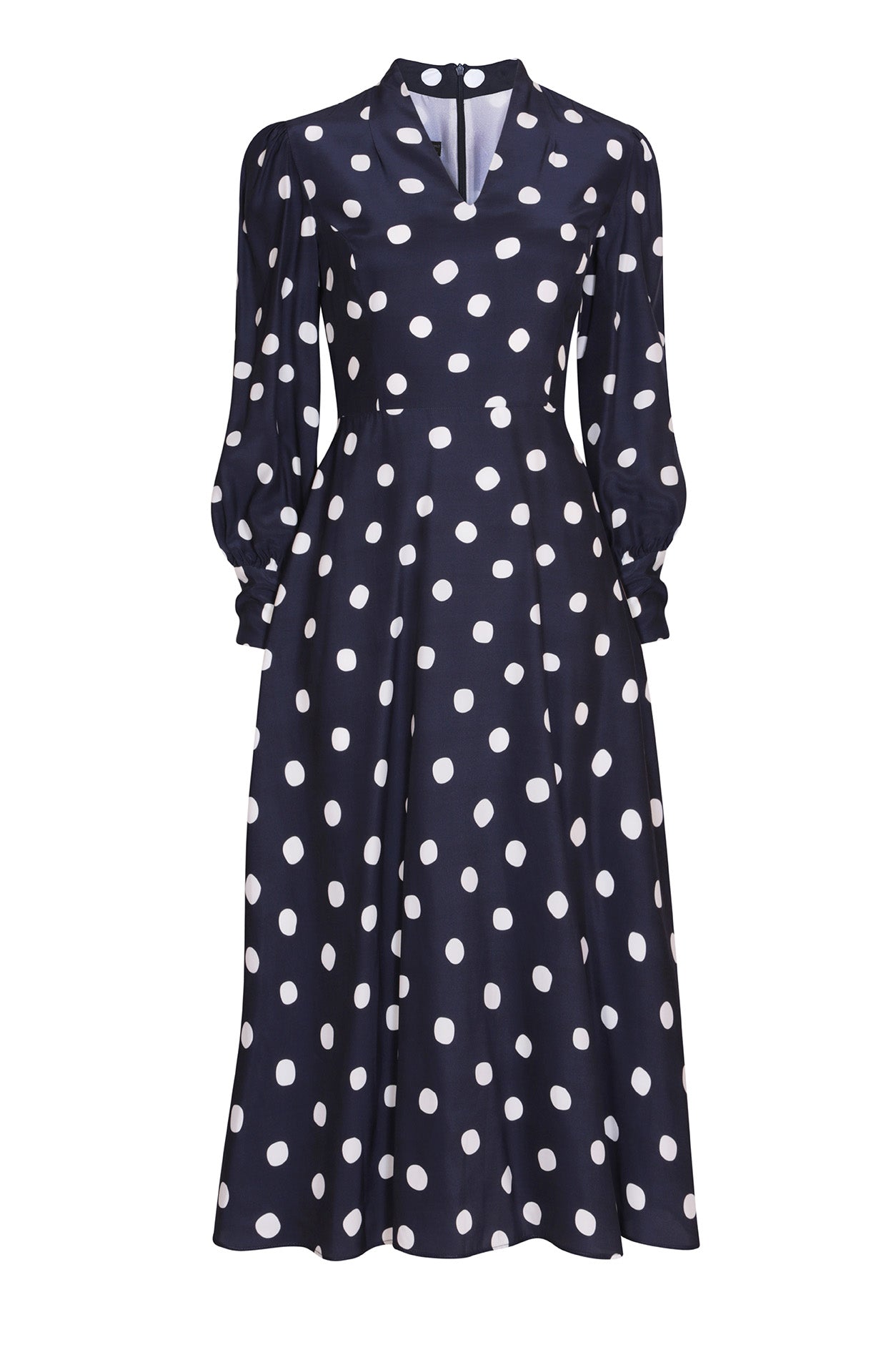 Long-Sleeved Midi Dress with Flared Skirt in Navy/Ivory Large Spot