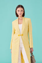 Yellow Dress Coat in Summer Slub Stripe with Self Trim and Frogging - Vicky