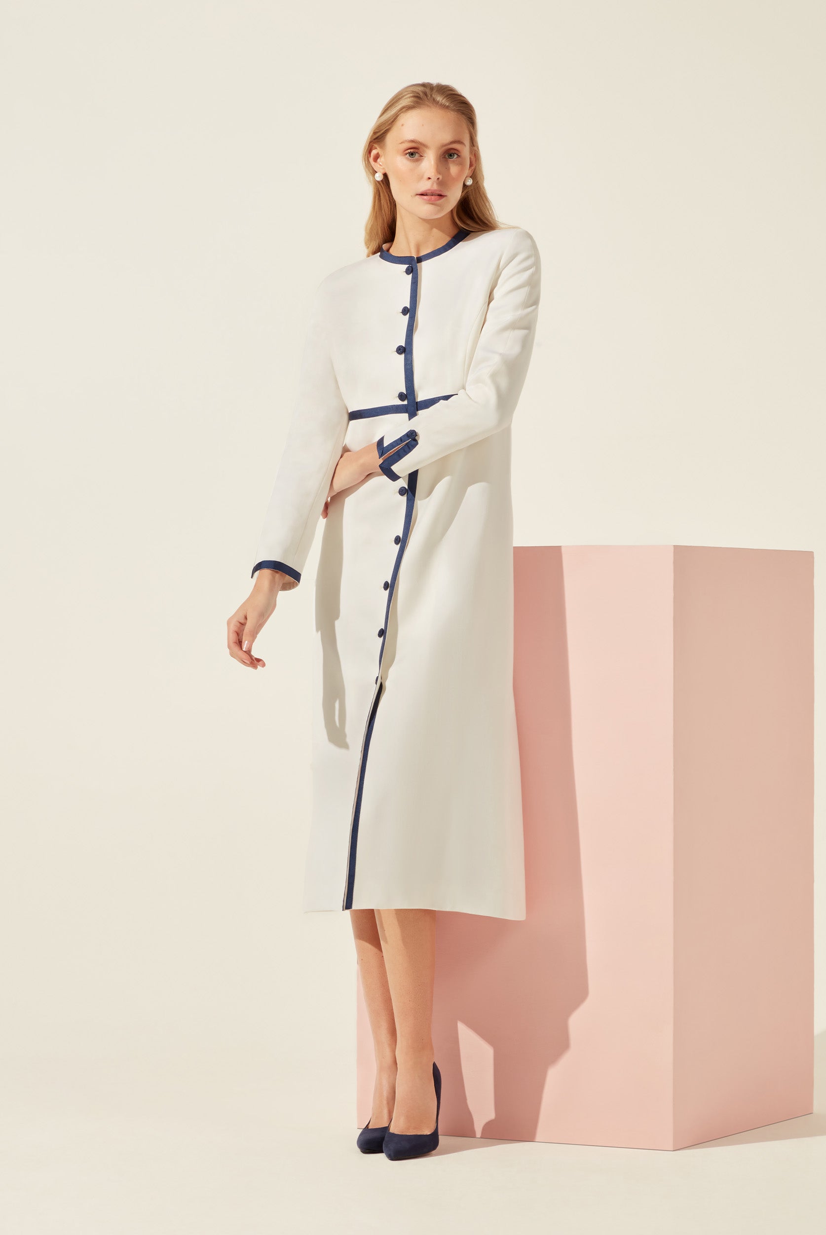 Dress Coat in Ivory with Navy Trim - Sienna