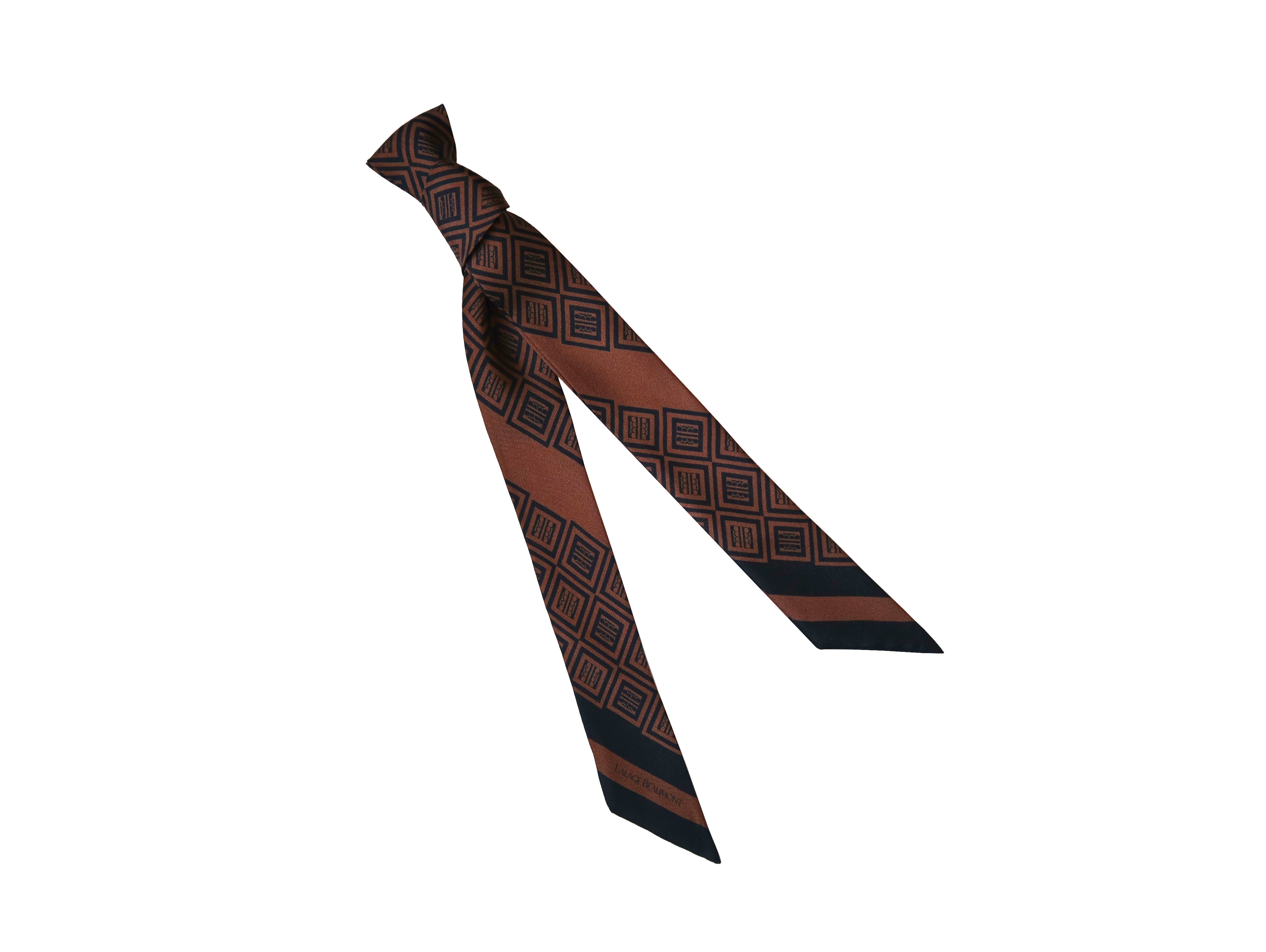 Silk Ribbon Scarf Logo Print Tan Black Lalage Beaumont