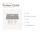Lalage Beaumont Fonteyn Clutch handbag in silver sparkle leather, what fits and measurements